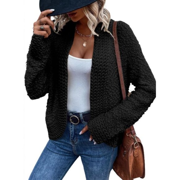 Sweaters - Women's Chunky Knit Cardigan - Open Front Long Sleeve Sweater - Black Size S